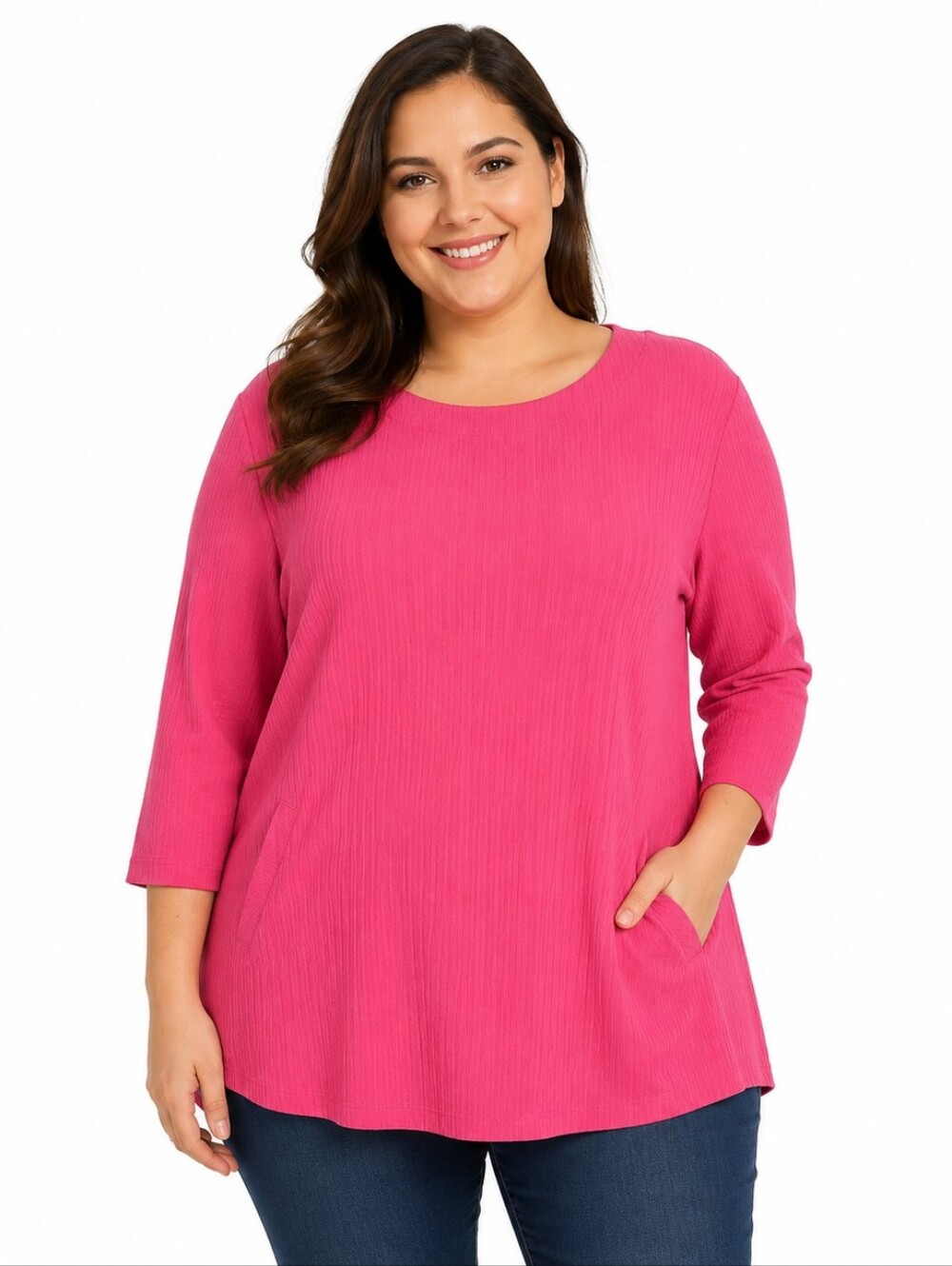 D&D Lifestyle Pink Ribbed Swing Top 1X Pockets 3/4 Sleeve Casual‎ Chic
